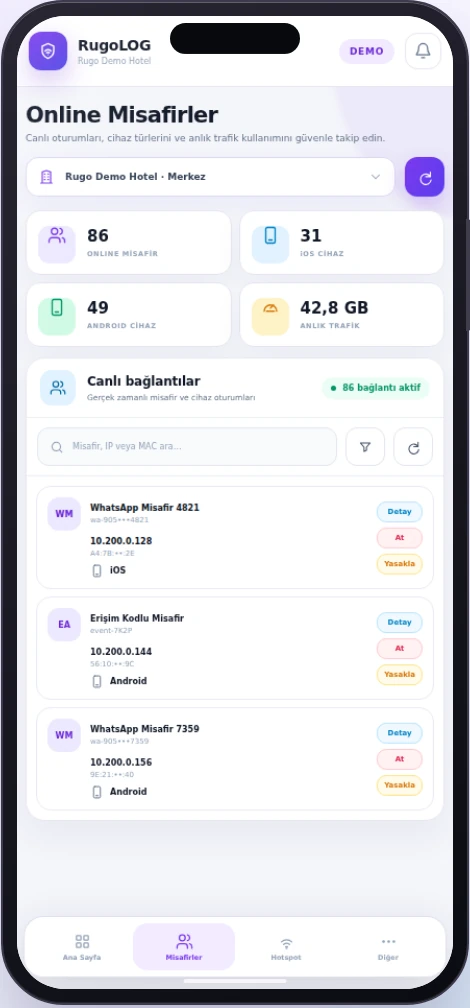 RugoLOG online misafir yönetimi mobil paneli
