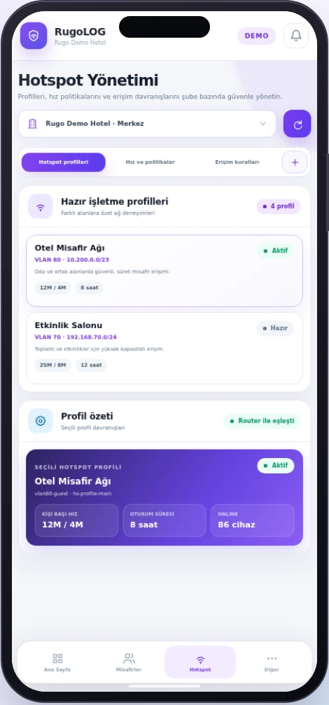 RugoLOG hotspot profilleri mobil paneli