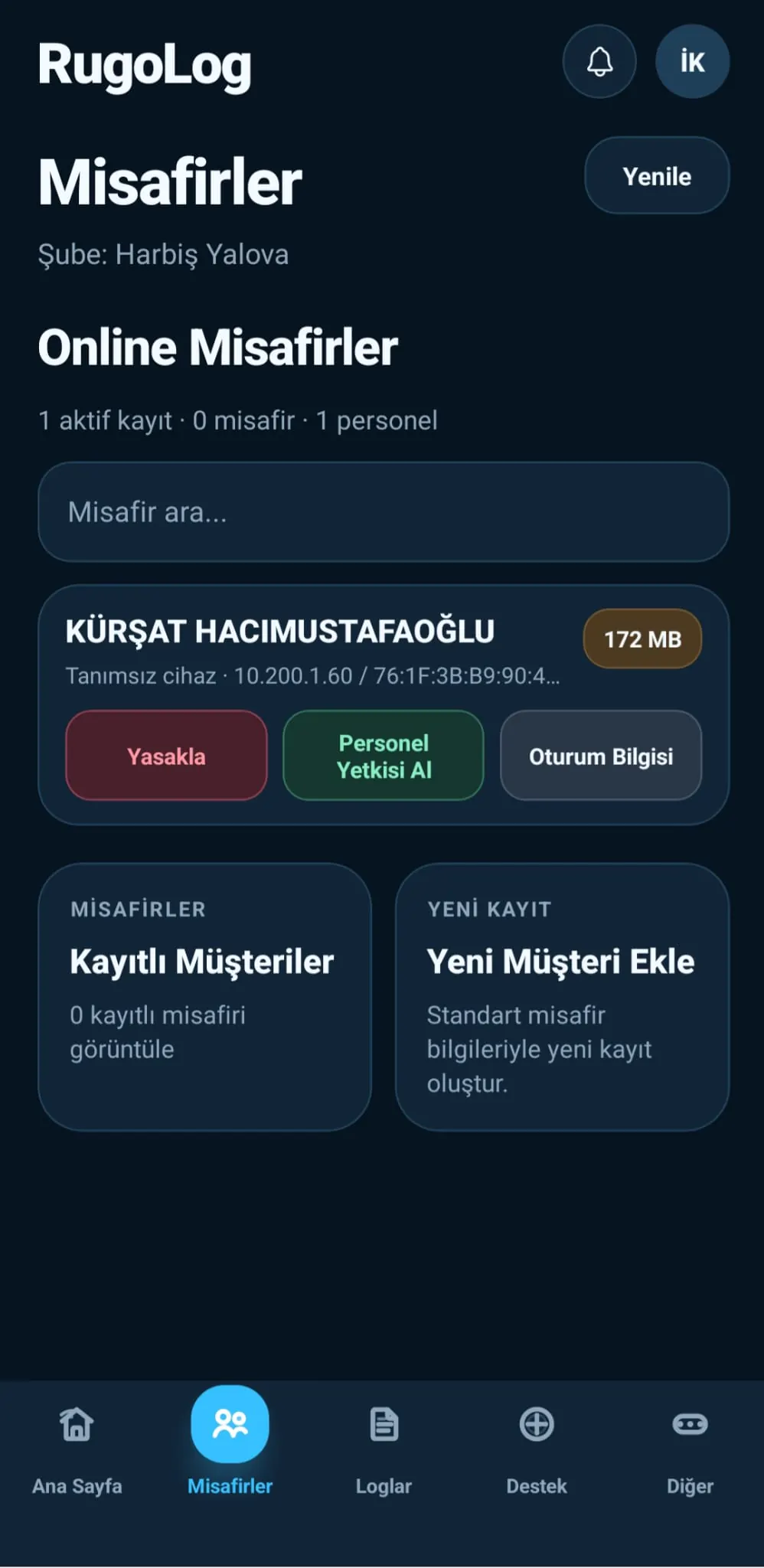 RugoLOG mobil misafirler ekranı