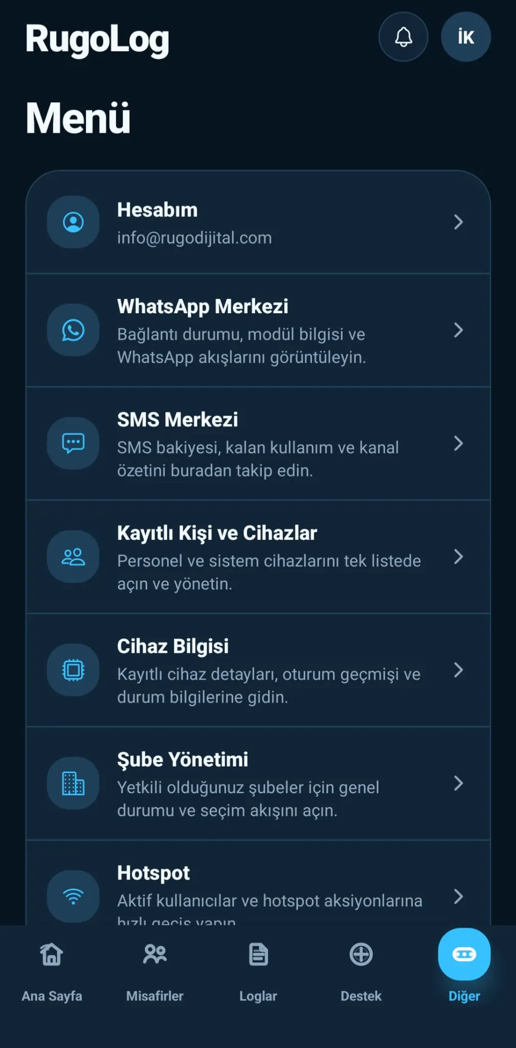 RugoLOG mobil menü ekranı