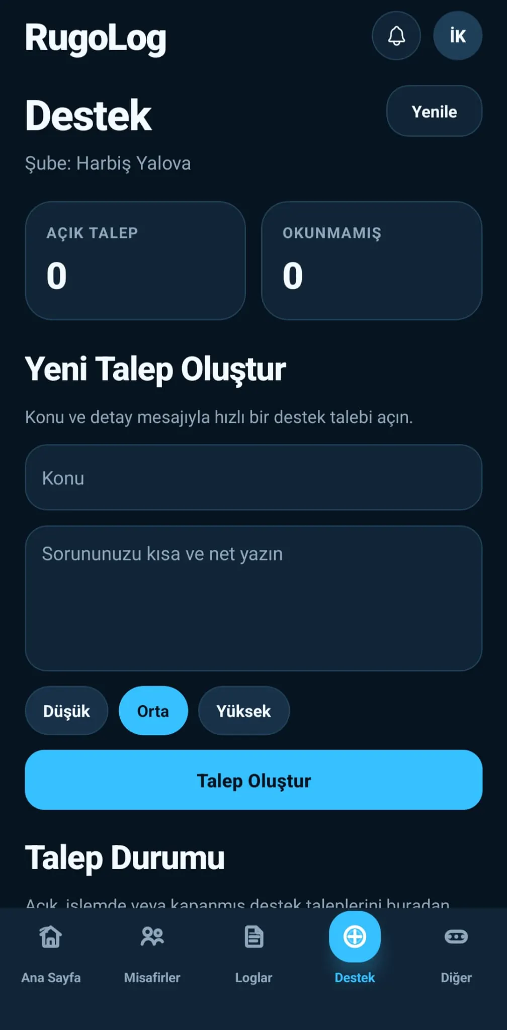 RugoLOG mobil destek ekranı