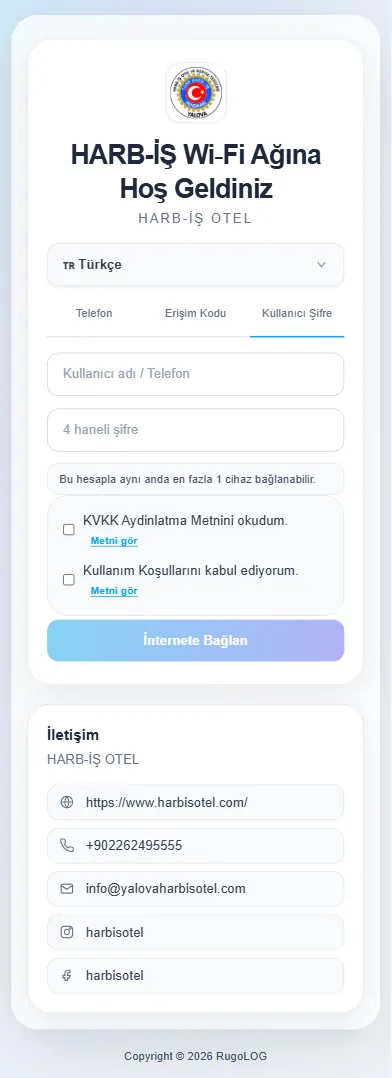 Captive portal telefon ve şifre girişi ekranı